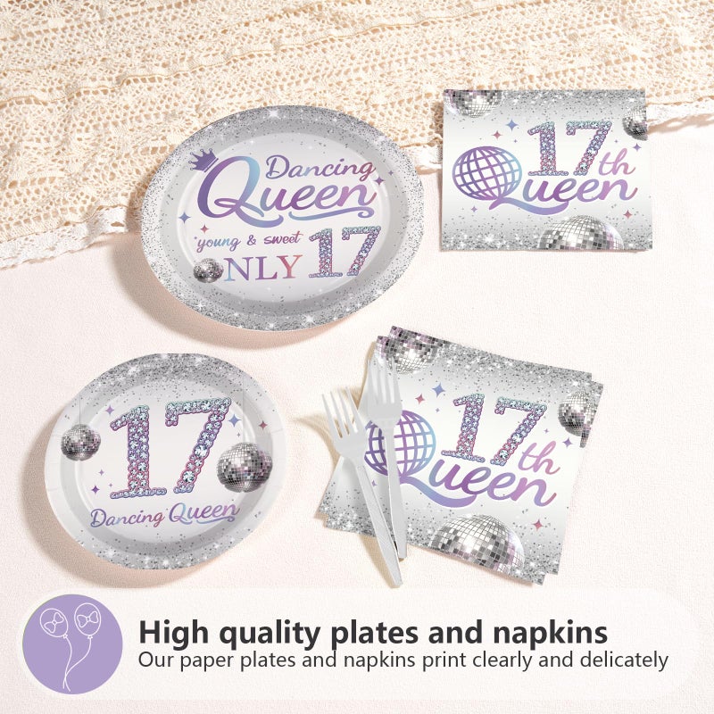 Grencian 96 Pcs Dancing Queen 17th Birthday Party Supplies Dancing Queen 17th Paper Plates and Napkins Disposable Silver Disco Party Tableware Set for Girls 17 Year Old Birthday Decorations Serves 24 - Image 4